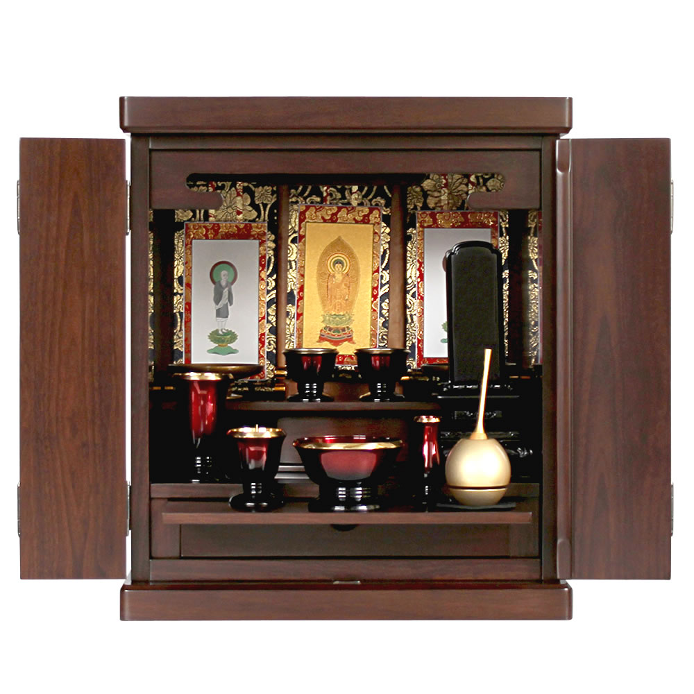 ウォールナット調の仏壇に仏具を並べた写真