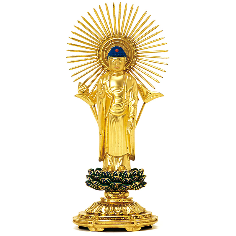 純金箔仕上げで青蓮華の総木製の仏像 東立弥陀｜ひだまり仏壇